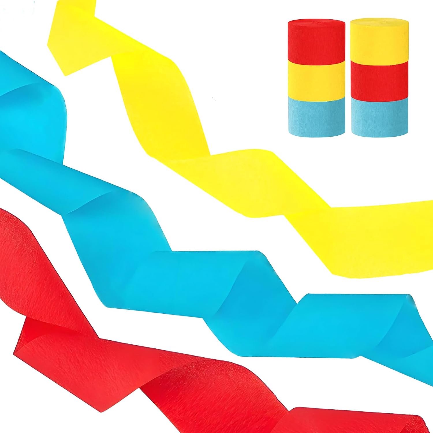 6-delige set crêpepapier rood/geel/blauw (25 meter x 4,5 cm per rol) - feestdecoratie voor afstuderen & feesten