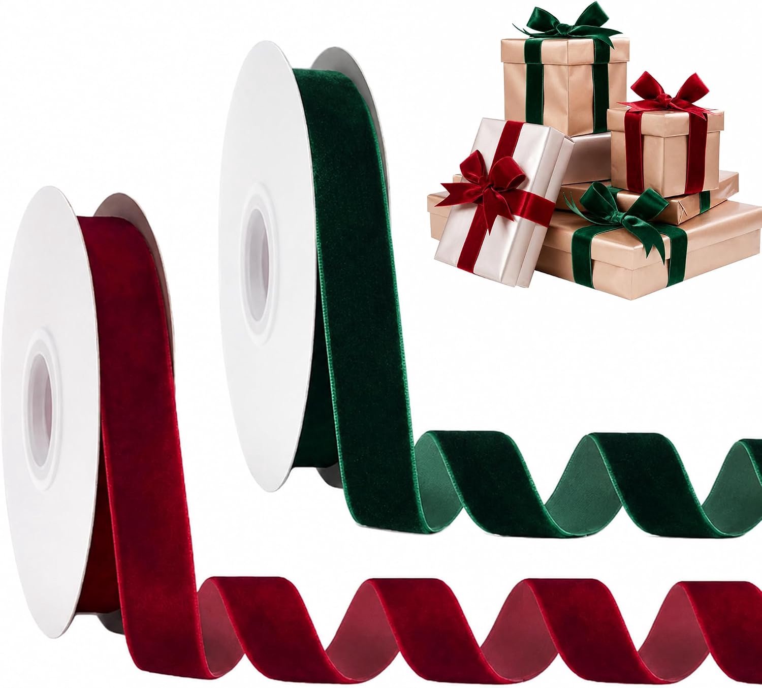 2 Rollen Fluweel lint 9 meter rood & groen