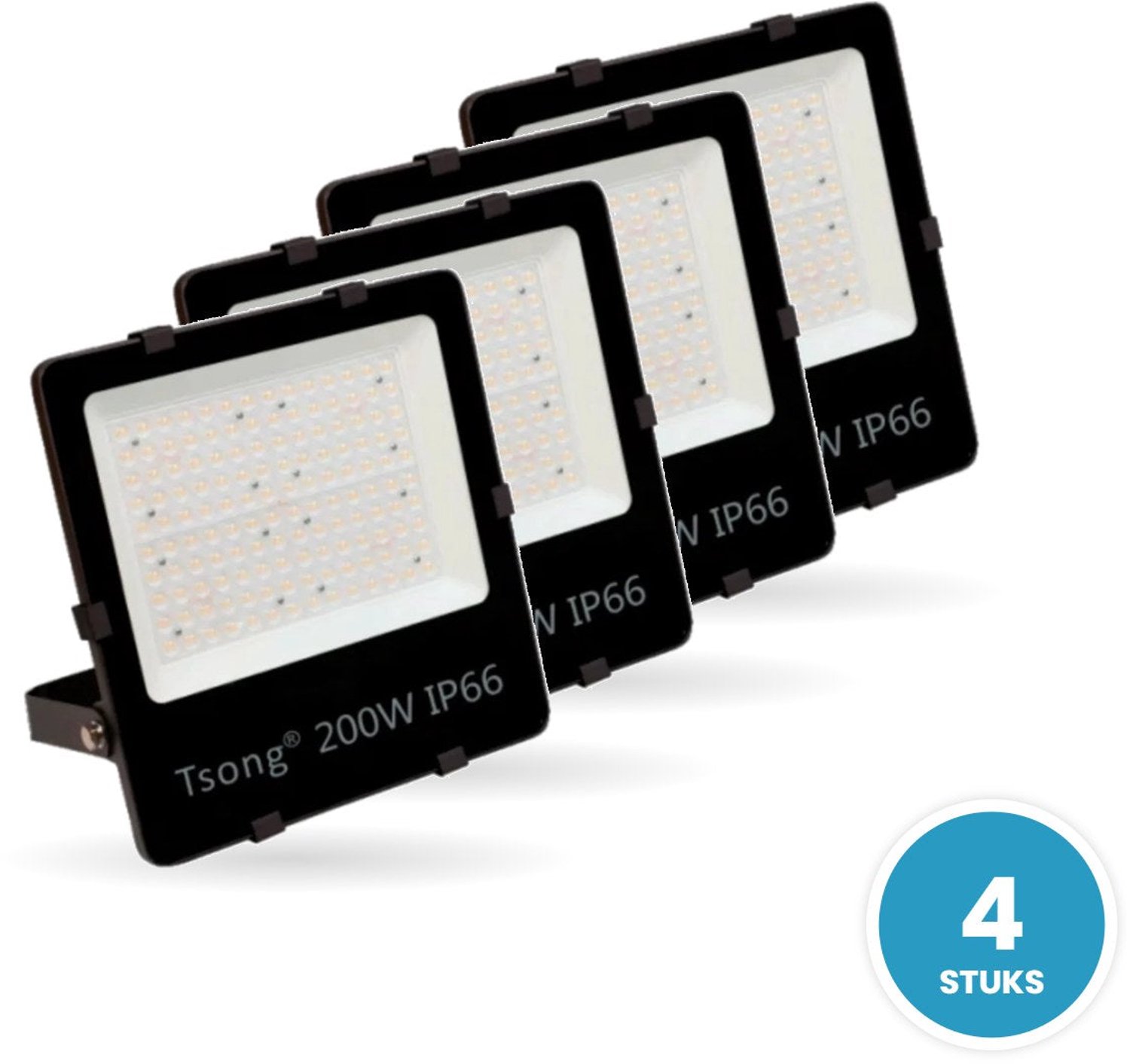 Tsong LED Schijnwerper 200W - 27.000 lm - Warmwit 3000K - 135 lm/W - 90° - IP66 - Terrein- & Gevelverlichting - Set van 4 - 5 jaar garantie