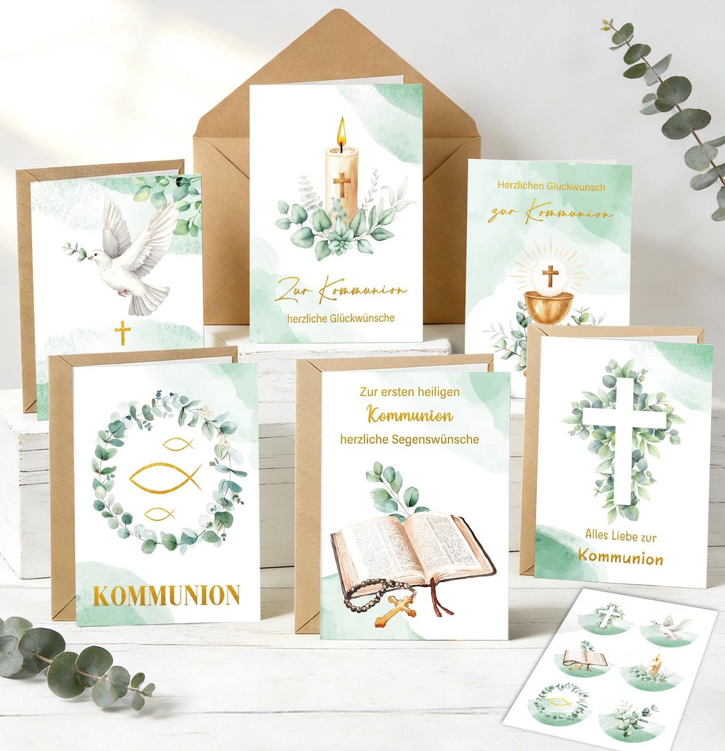 Set van 12 Eucalyptus Communiekaarten met Enveloppen