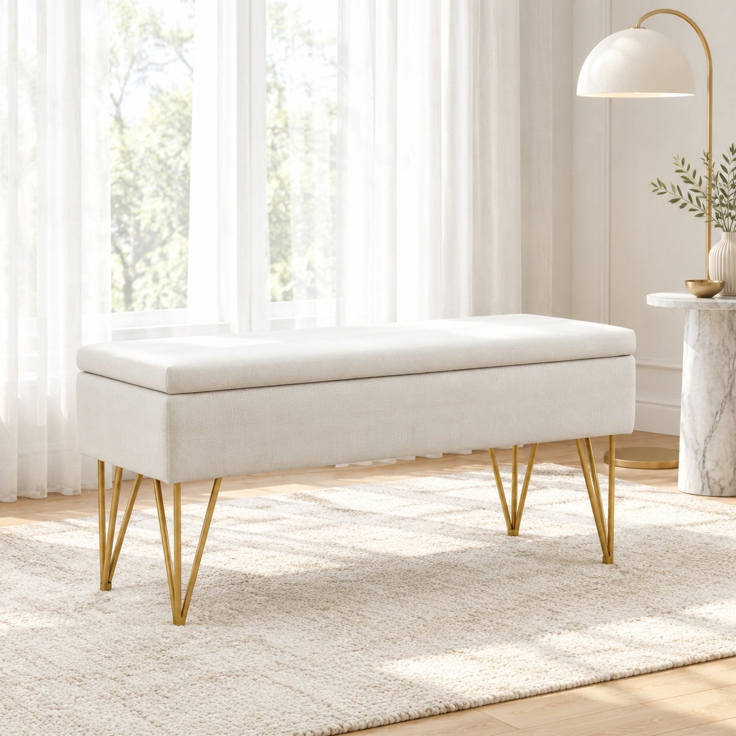 HAUSS SPOLE Opbergbank - Gestoffeerd Bankje Met Opbergruimte - Voor Slaapkamer, Woonkamer en Hal - Polyester en Staal - Crèmewit - 100x40x49 cm