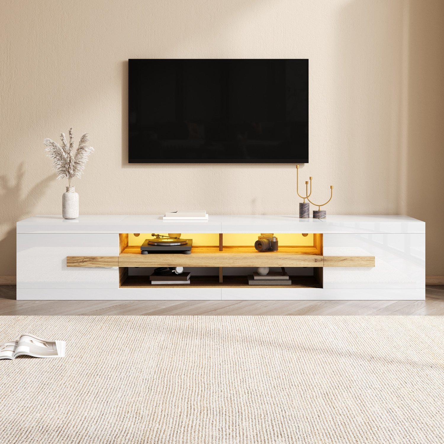 HAUSS SPOLE Tv-Meubel - Ledverlichting Met Appbediening - Open Vakken En 2 Deuren Voor Woonkamer - Spaanplaat - Wit - 200x40x38 Cm