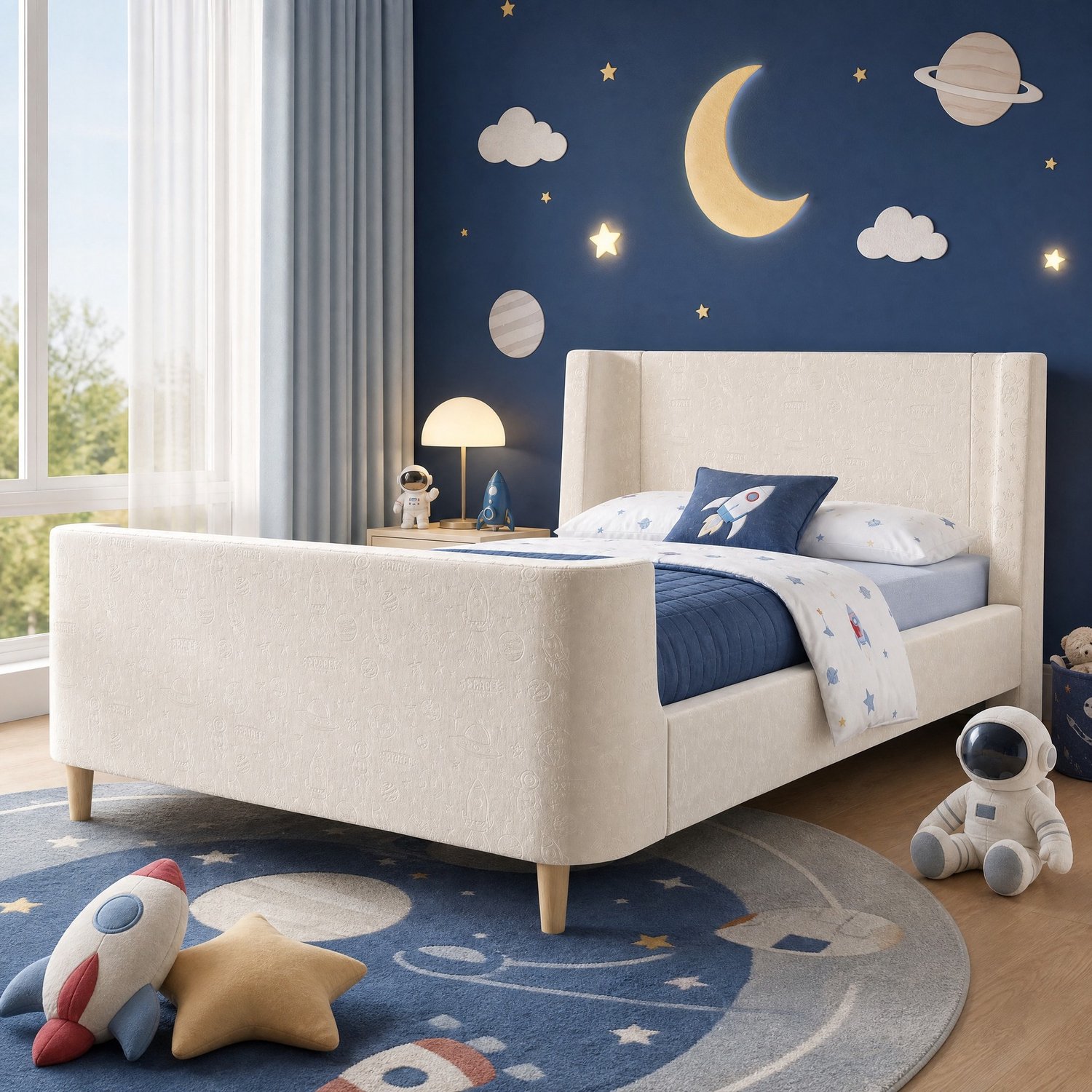 HAUSS SPOLE Kinderbed 90x200 cm - Gestoffeerd Eenpersoonsbed met Ruimtepatroon - Gebogen Hoofd- en Voeteneinde - Zonder matras - Fluweel - Beige