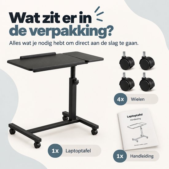 Inhoud van de verpakking: zwarte laptoptafel, vier wielen en een handleiding voor de laptoptafel.
