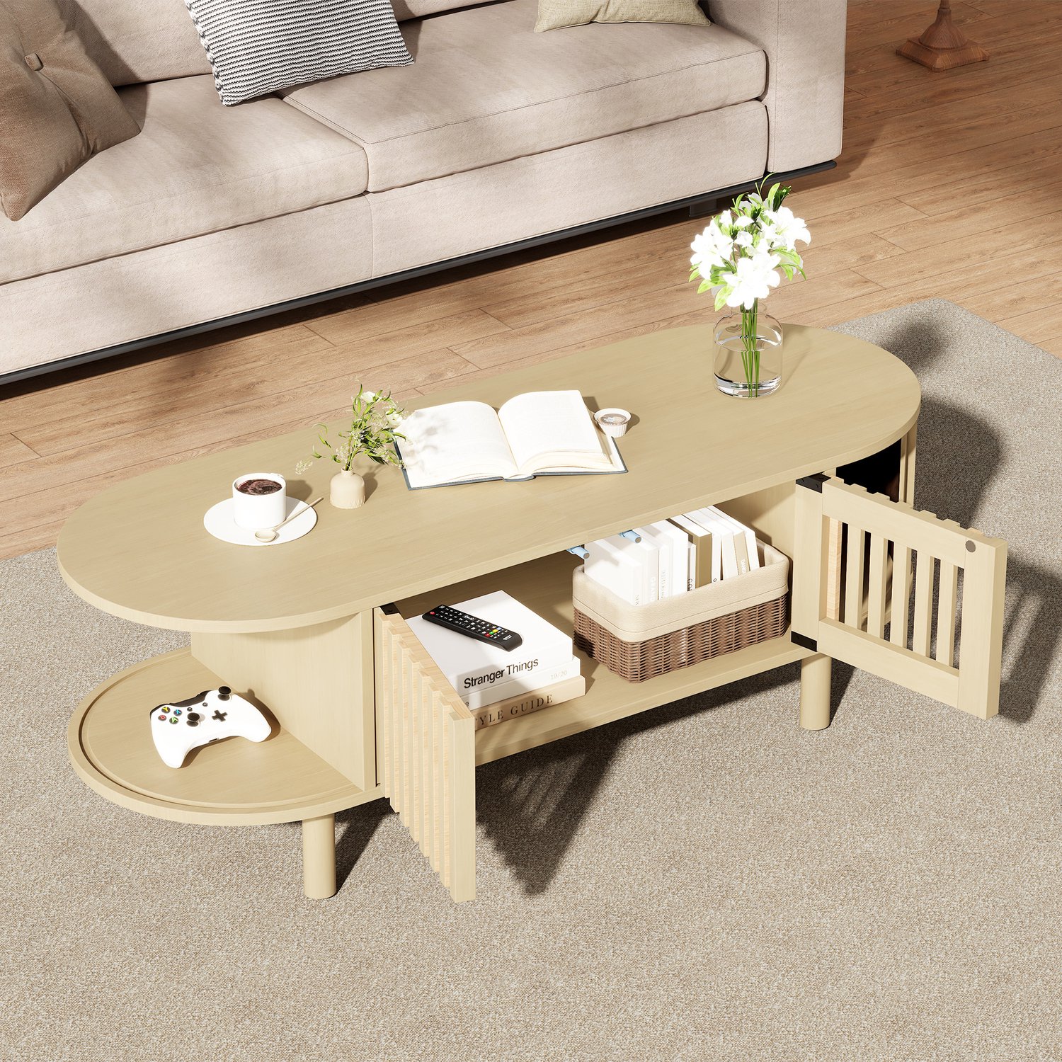HAUSS SPOLE Salontafel - Ovaal Met Lamellendeuren En Rolschuifdeur - Opbergruimte Voor De Woonkamer - MDF En Hout - Lichte Houtkleur - 100x40x38 Cm