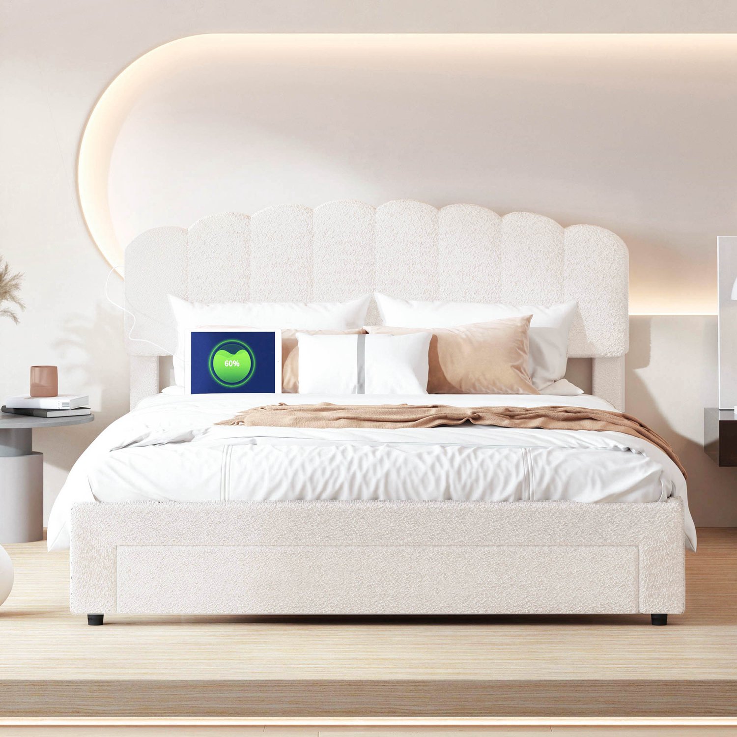 ROSAHQNDA Volwassen bed 160x200 cm, tweepersoonsbed met verstelbaar hoofdbord, opberglade en lattenbodem, comfortabel bed voor de slaapkamer, teddy stof, beige, zonder matras