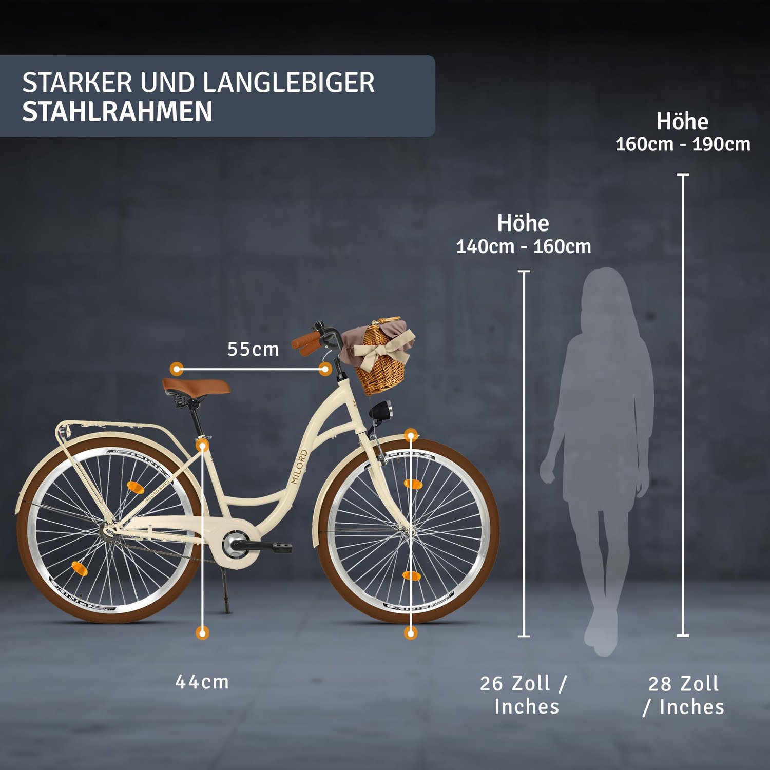 Milord damesfiets met rieten mand 28 inch 1 versnelling crèmekleurig frame