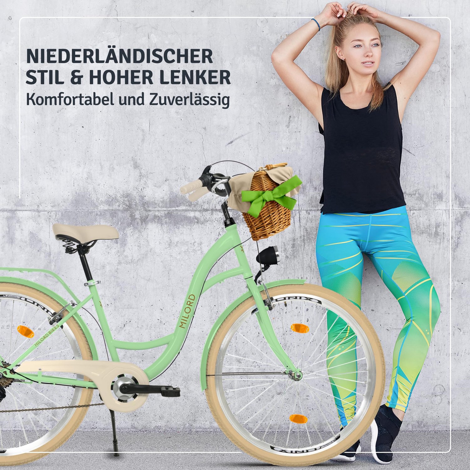 Milord damesfiets mintgroen 28 inch 7 versnellingen met rieten mand