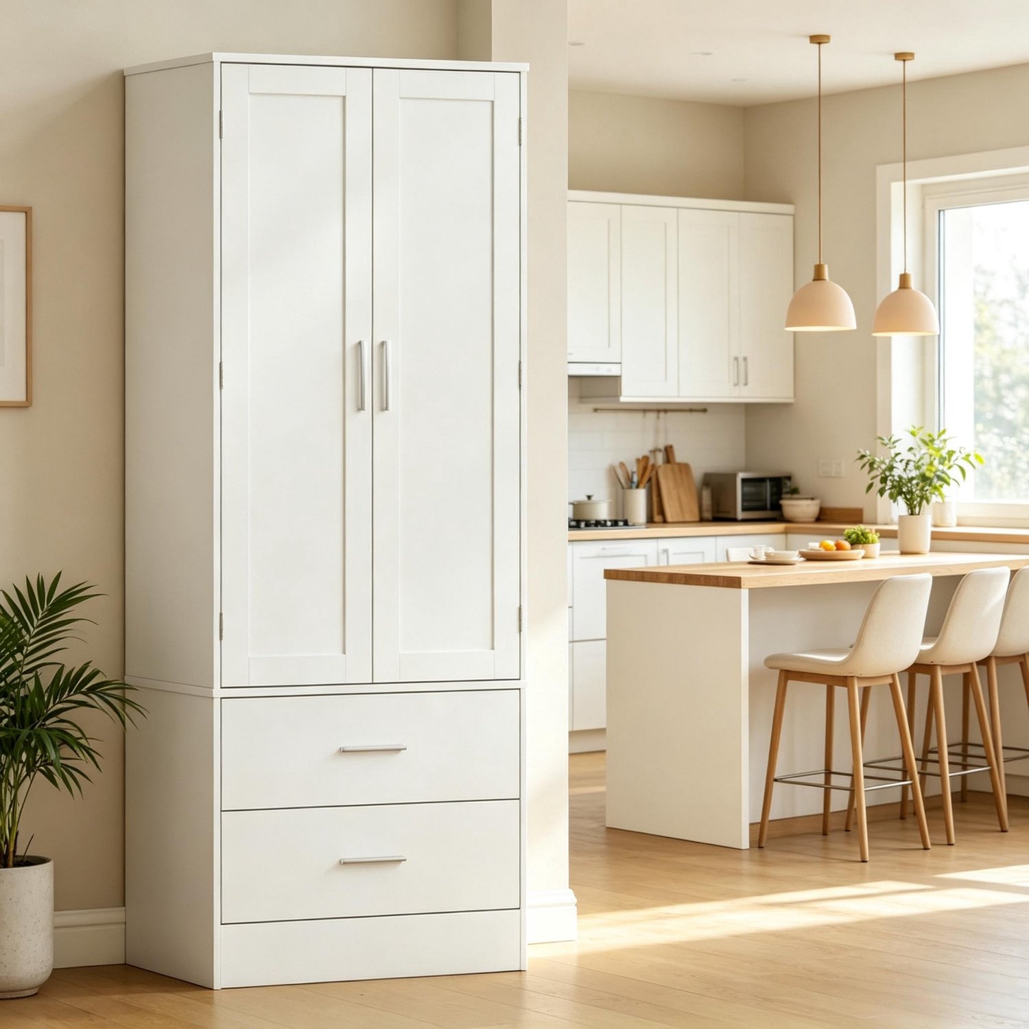 OKWISH Keukenkast - 2 Deuren en 2 Lades - Verstelbare Legplanken en 8 Kruidenrekken - Voor de Keuken - MDF en Spaanplaat Wit - 60 x 40 x 159 cm