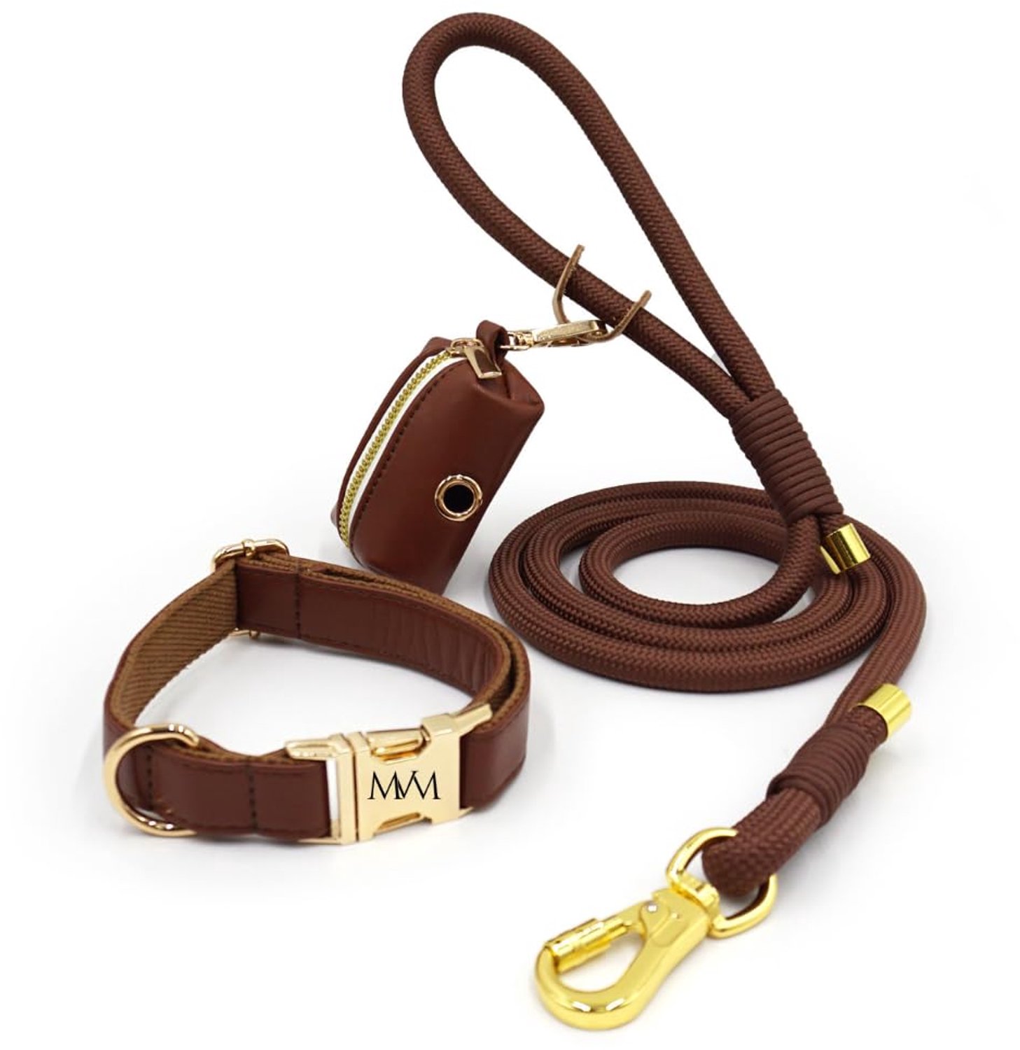 Hondenriem met halsband en poepzakhouder - Waterproof - Donkerbruin