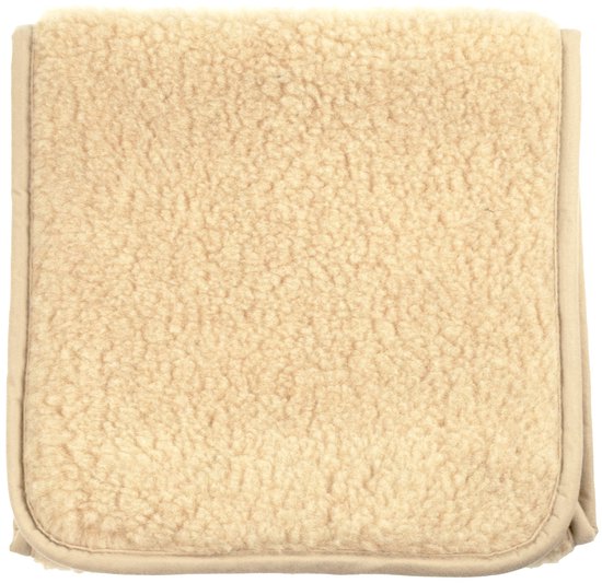 Vierkante, zachte wollen onderlegger in een beige kleur met een gestikte rand.