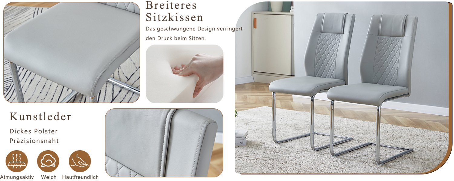 HAUSS SPOLE Eetkamerstoelen - Set van 4 - Zachte Zitting en Rugleuning met Netstructuur - Voor Eetkamer en Woonkamer - Kunstleer - Lichtgrijs en Zilver