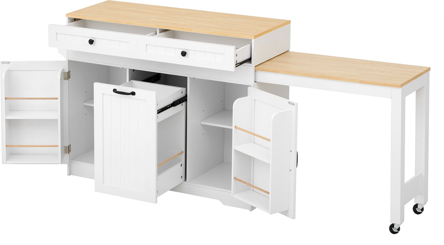REDOM Keukeneiland 188,6 cm - Uitschuifbare tafel, 2 lades en opbergruimte - Wit/naturel Wit en naturel