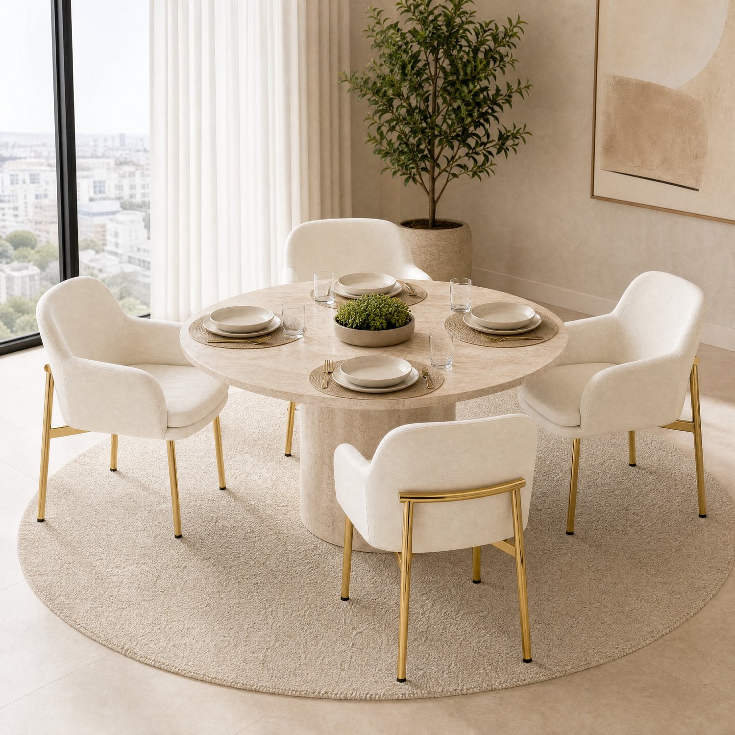 HAUSS SPOLE Eetkamerstoelen - Set van 4 - Gestoffeerd met Armleuningen en Verstelbare Voetjes - Voor Eetkamer en Keuken - Polyester en IJzer - Wit