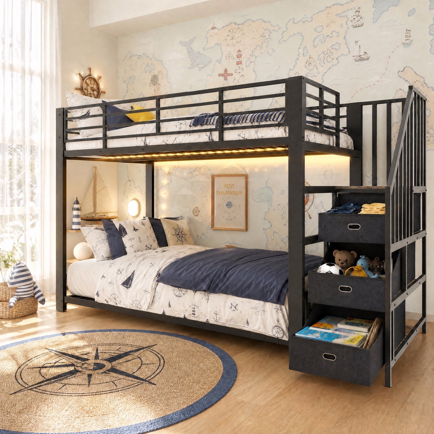MEUNIQ Stapelbed 90 x 200 cm voor volwassenen, metalen bed met omkeerbare opbergtrap, stoffen lades, LED-verlichting, stopcontacten en USB, zwart