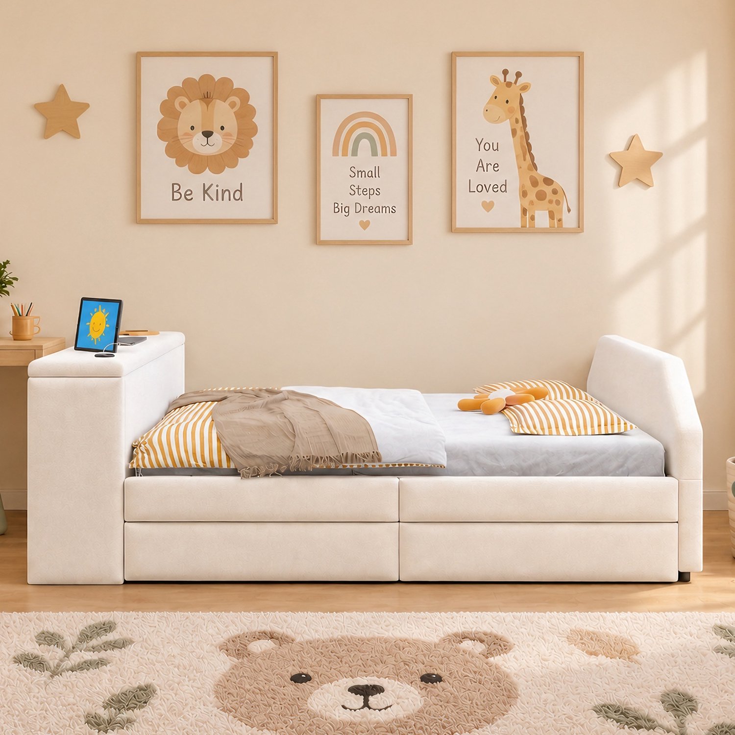 HAUSS SPOLE Gestoffeerd Kinderbed 90x200 cm - Eenpersoonsbed met Bureau en Uitschuifbaar Logeerbed - Met USB-Aansluiting - Fluweel - Beige