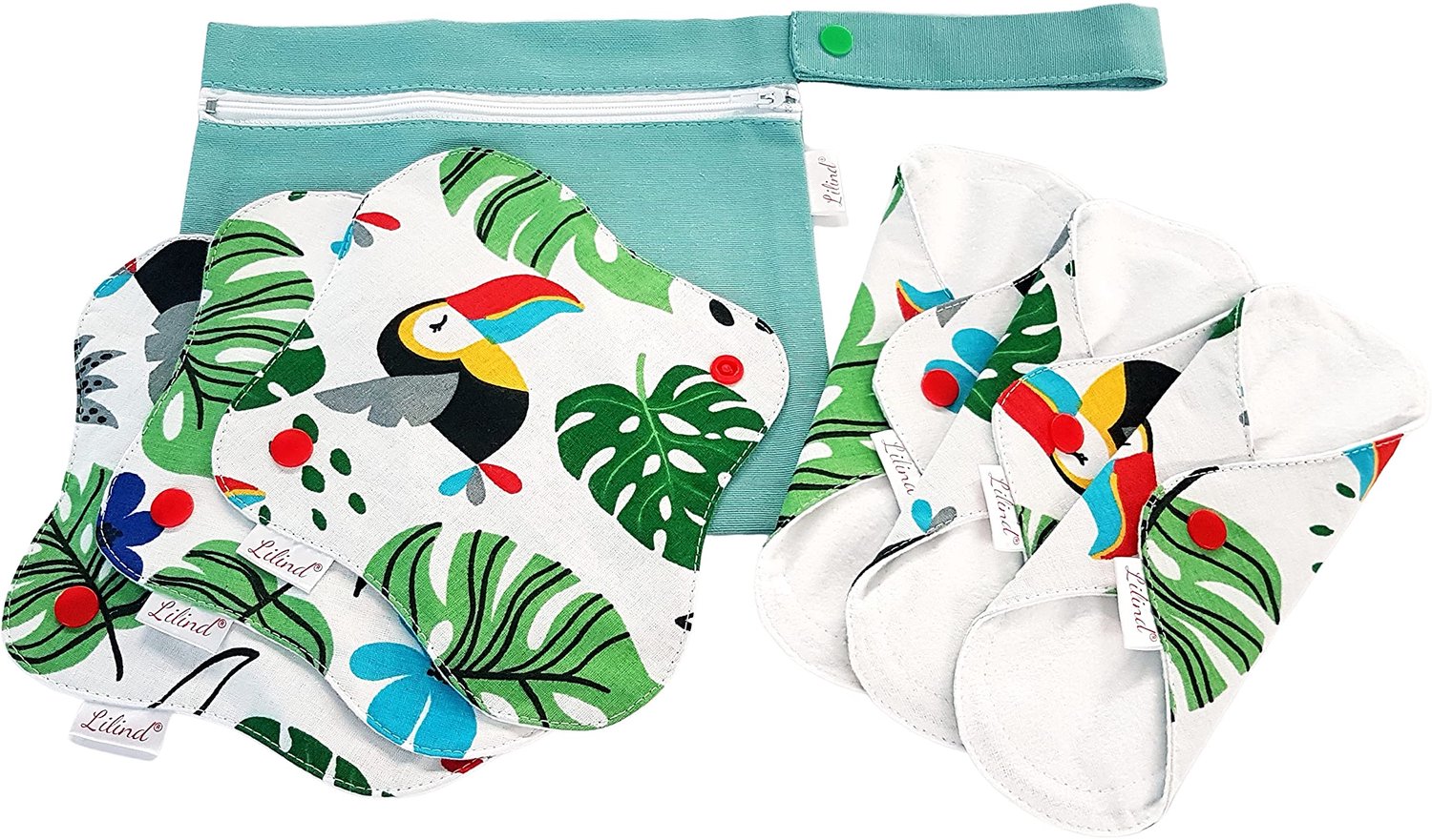 Set van 6 Herbruikbare Katoenen Menstruatiepads met Papegaaienpatroon