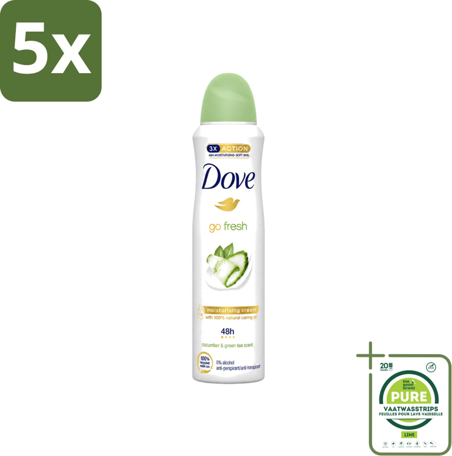 5 x Dove - Deodorant - Go Fresh Cucumber & Green Tea - Frisse en kalmerende geur - 150 ml - Grootverpakking - Vaatwasstrips - Cucumber & Green Tea Deodorant Spray - Frisheid - Zweetvermindering - Geur - Huidverzorging