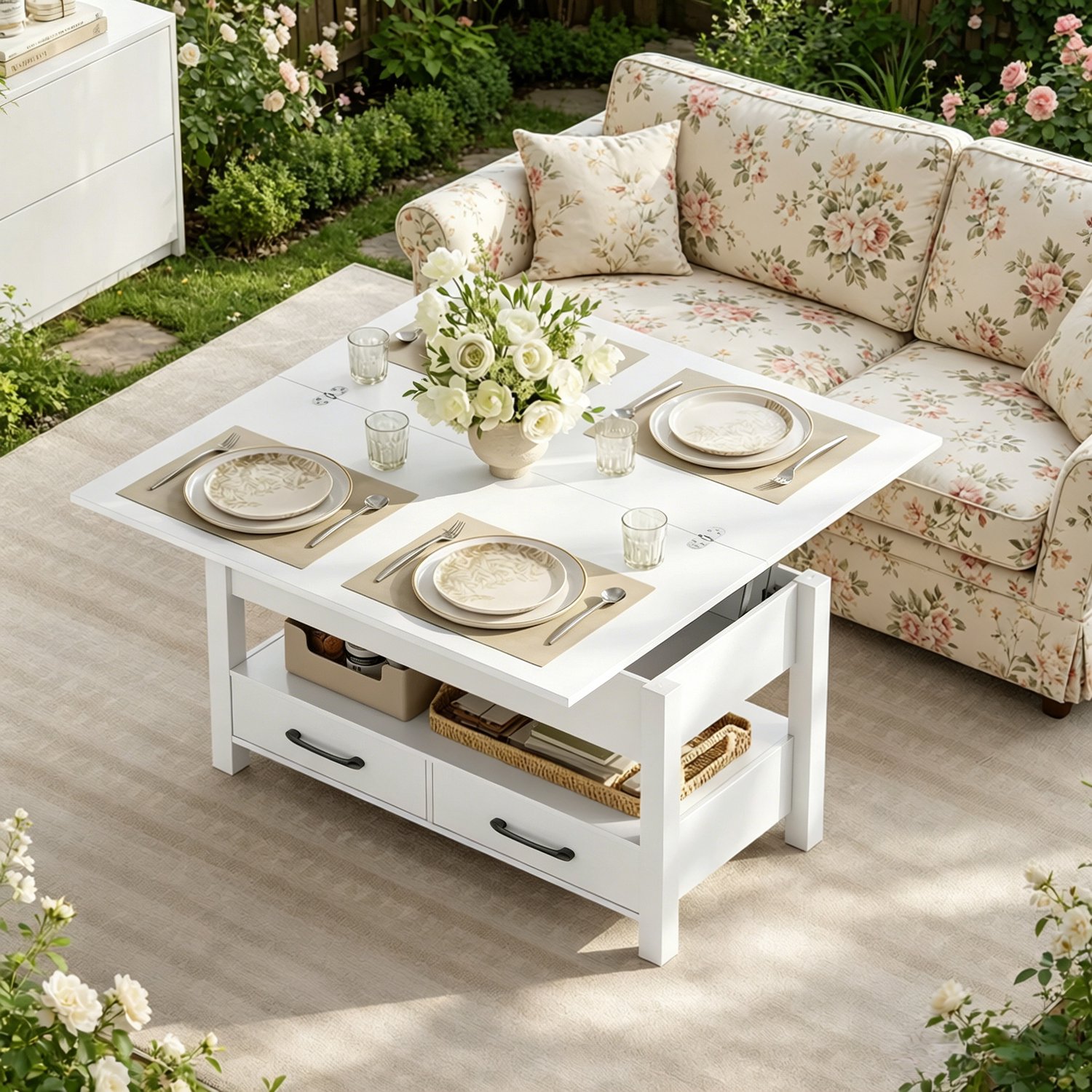 MEUNIQ uitschuifbare salontafel met verstelbaar tafelblad, 2 lades en opbergruimte, 100 x 50,5 x 53 cm, uitgeklapt 100 x 100 x 66 cm, wit