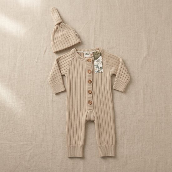 Beige gebreide baby-boxpak met knopen en bijpassende muts met knoopje, plat neergelegd op een linnen achtergrond.