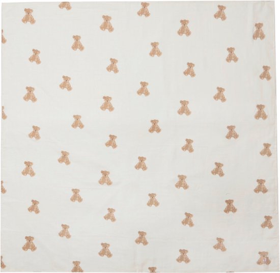 Carré de mousseline avec un imprimé intégral d'ours en peluche marron sur fond blanc.