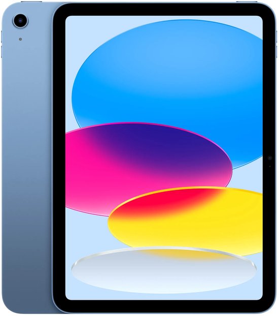 Blauwe Apple iPad met 11-inch scherm, vertoont kleurrijke abstracte ovalen op een lichtblauwe achtergrond.