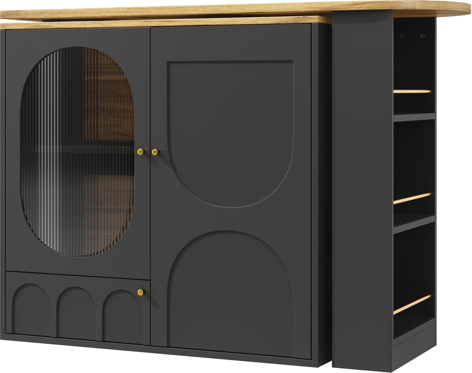 SONNENH Draaibare bartafel met opbergkast en zijvakken - MDF - 138 tot 204 cm - Zwart en eikenhoutlook