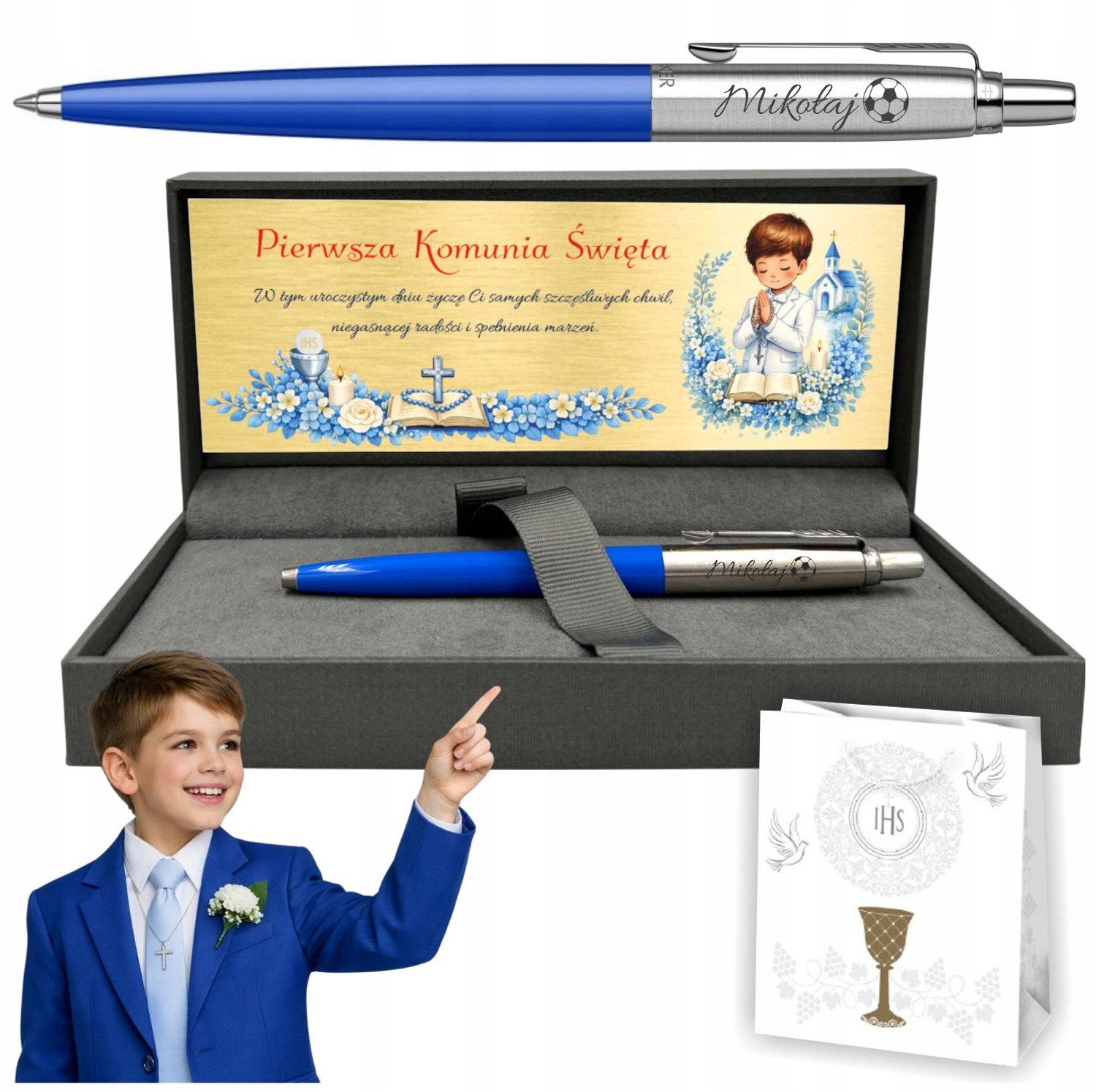 Parker Jotter Blauw Drukpen met Gravure & Naamplaatje - Communie Cadeau