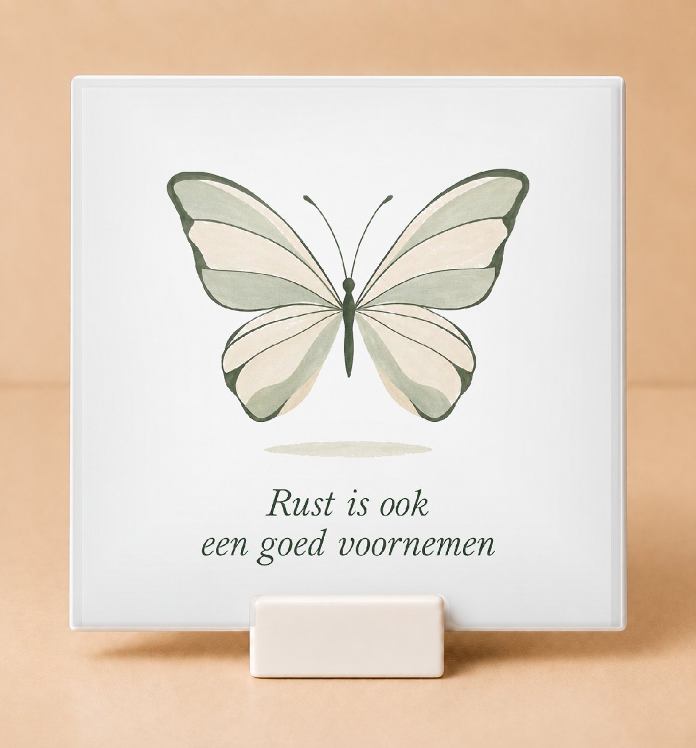 Bedruk King Sereen Gouache "Nieuw jaar, zelfde chaos" Tegel – Rustgevende Wanddecoratie voor Liefhebbers van Bewuste Levensstijl - 11 x 11 cm met houder Wit