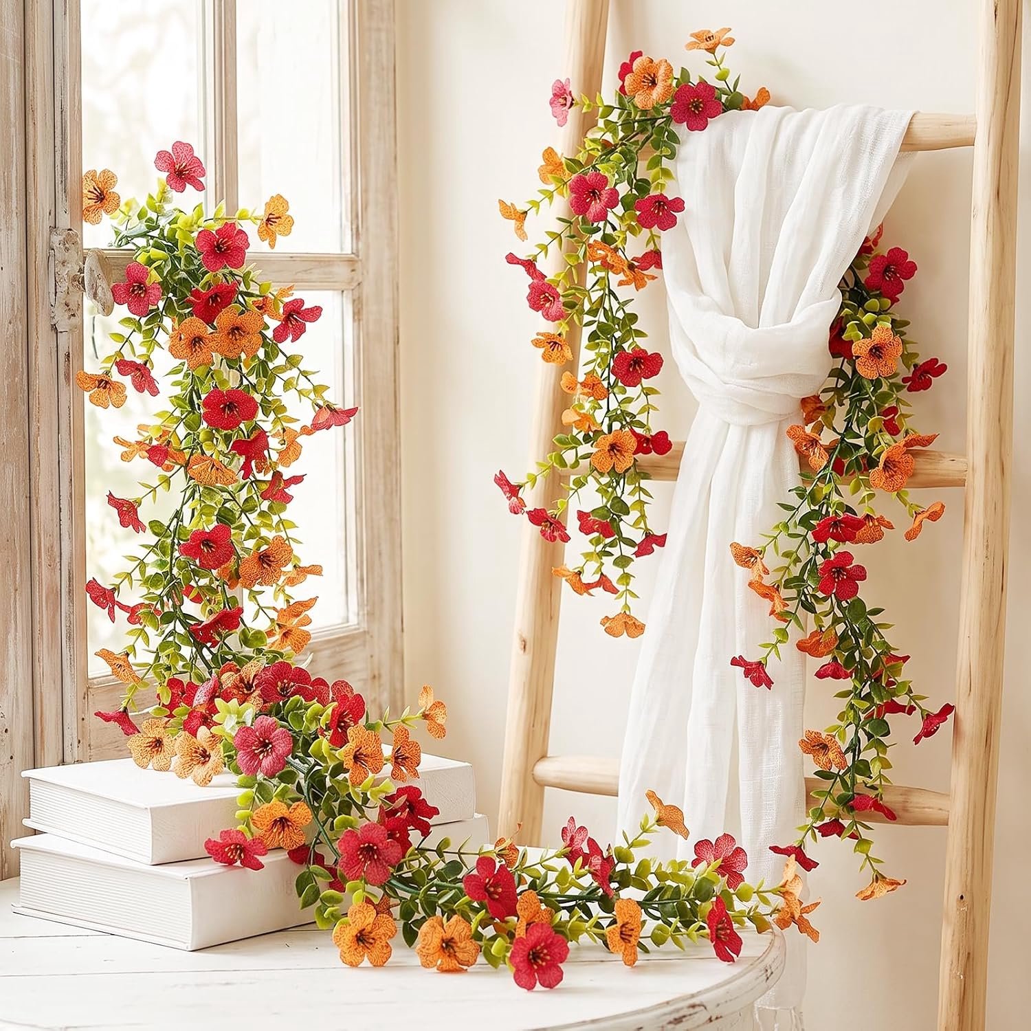 2 stuks bloemenslinger, decoratie, oranjerood, 180 cm, kunstmatige vioolrank, decoratie, kunstbloemen, hangend, 126 - ShopVlot