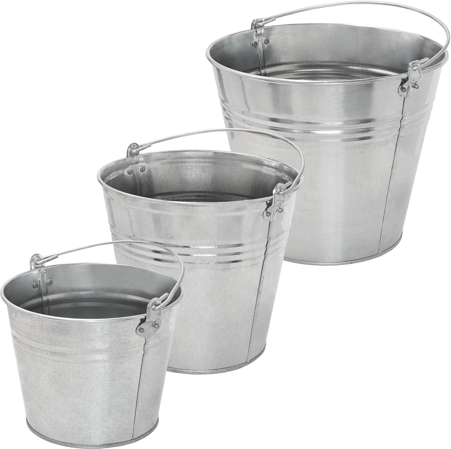 Set van 3 metalen emmers, verzinkt, 5L/10L/15L, met handvat