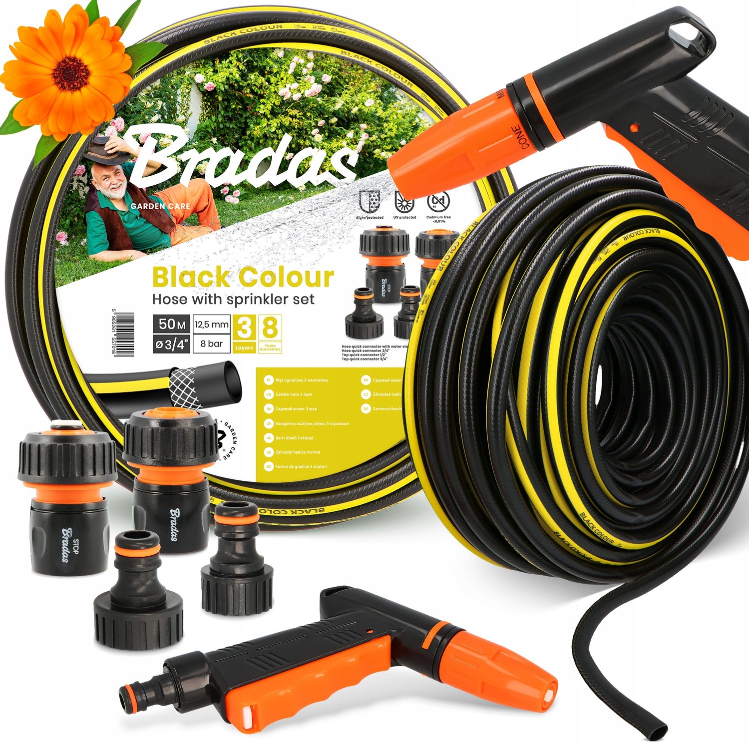Tuinslang 50m 3/4'' Zwart 3-laags met Sproeier & Koppelingen