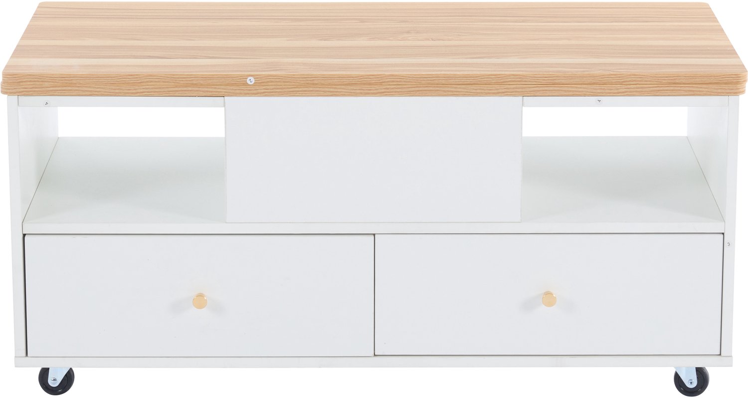 SONNENH Lift-up salontafel met 4 laden en wielen - MDF - 100 x 50 cm - Wit met houtlook