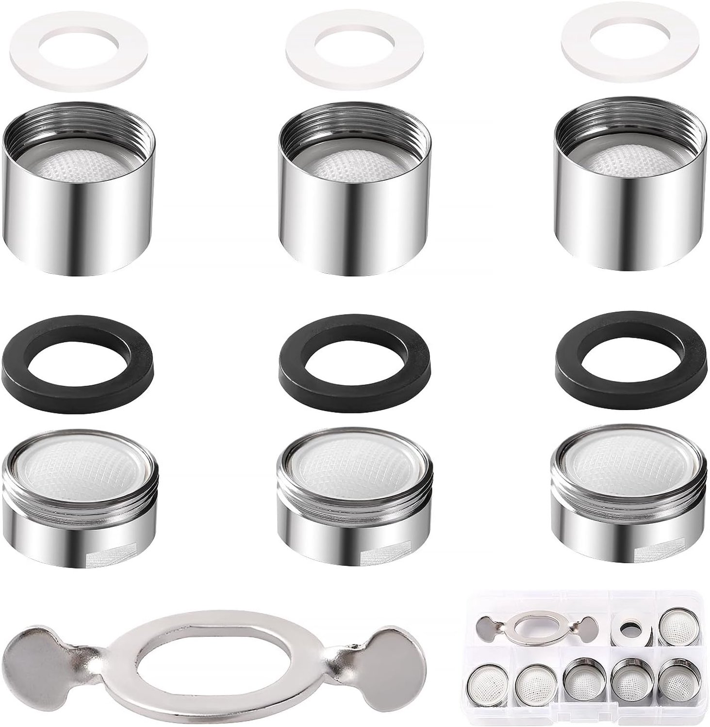 SnelShoppen - 6x M22 M24 Kraanaerator Set met Wrench en Rubber Gaskets - RVS en ABS Filter - Ideaal voor Keuken en Badkamer