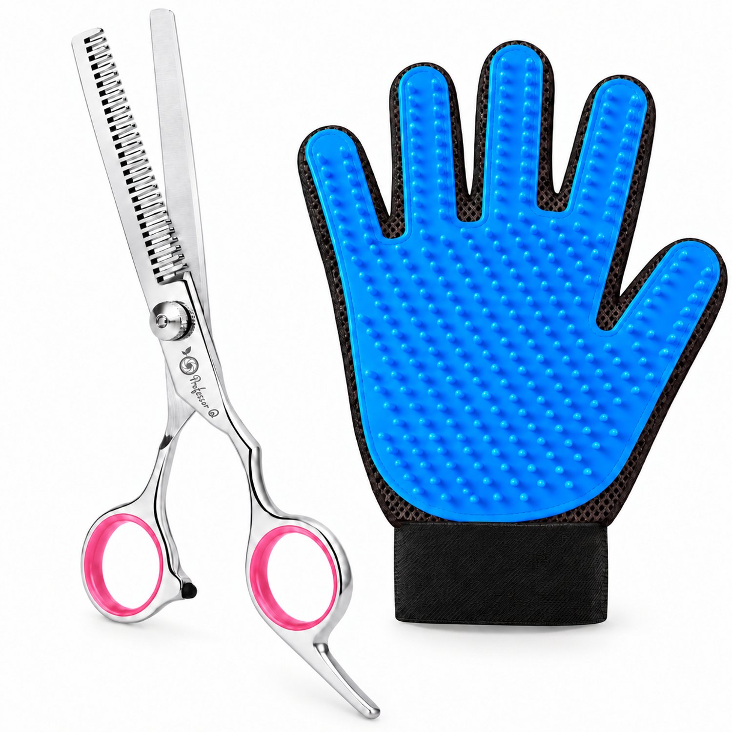 Professor Q Hondentrimset - Effileerschaar Roze - Vachthandschoen Blauw - 2-delig