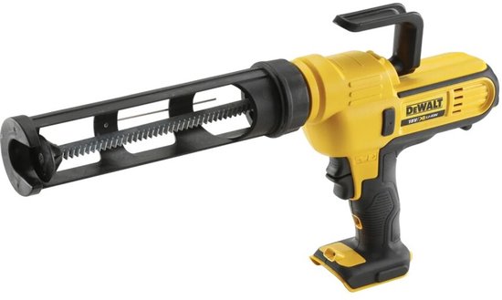 Geel en zwart DeWALT 18V accukitspuit voor kokers van 310 ml met ergonomische handgreep.