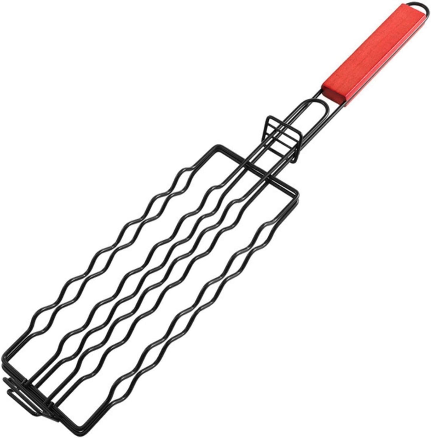 Hotdoghouders voor de grill – Rvs BBQ-roosterklem voor 6 hotdogs – Afneembare, hittebestendige houten handgreep – Geschikt voor worstjes, steaks en groenten
