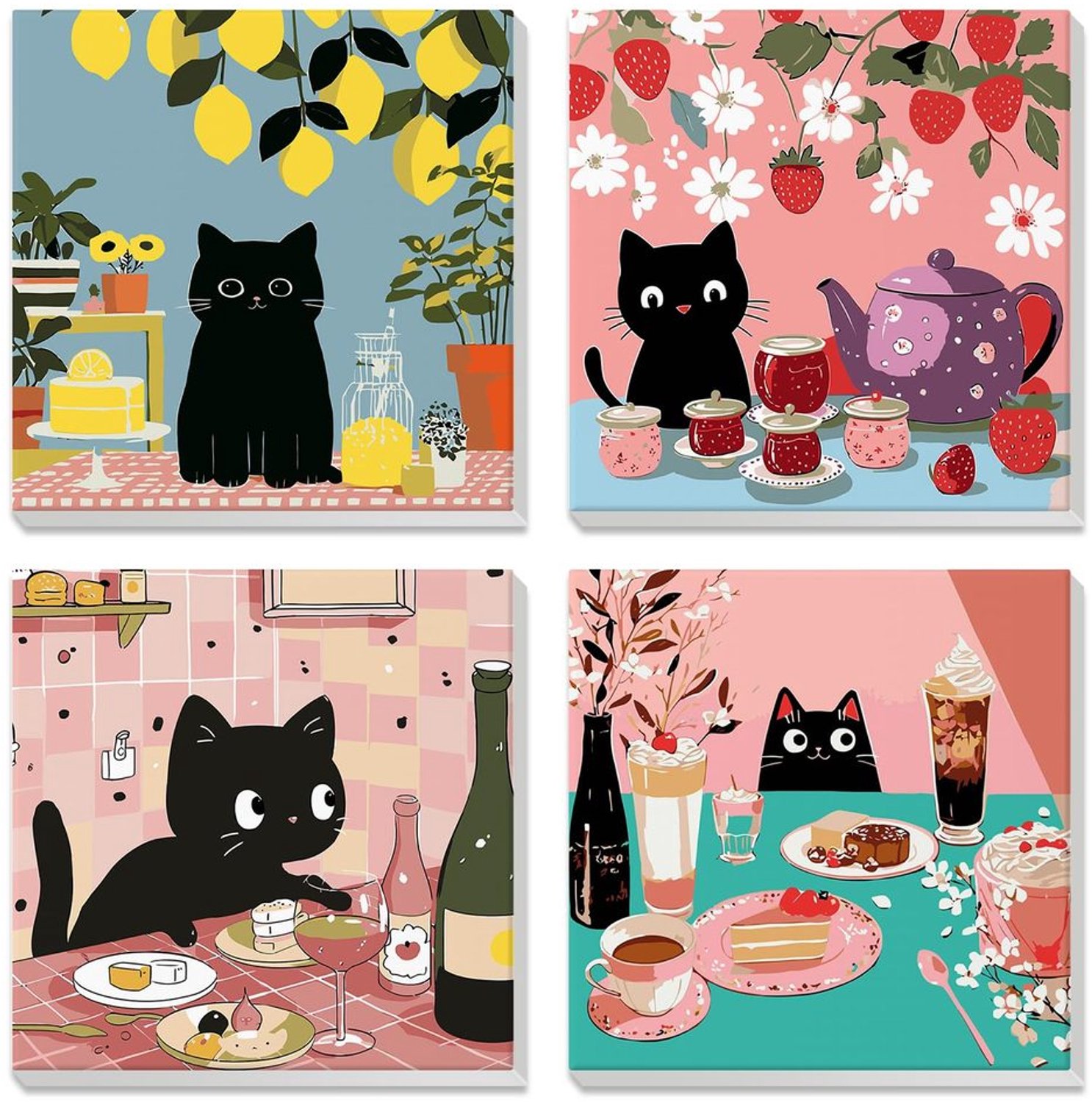 Schilderen op Nummer - 4 Stuks - Grappige Zwarte Kat - DIY Kinderkits - Voor Volwassenen - Geschikt Vanaf 7 Jaar - Inclusief Lijst - Paint By Numbers