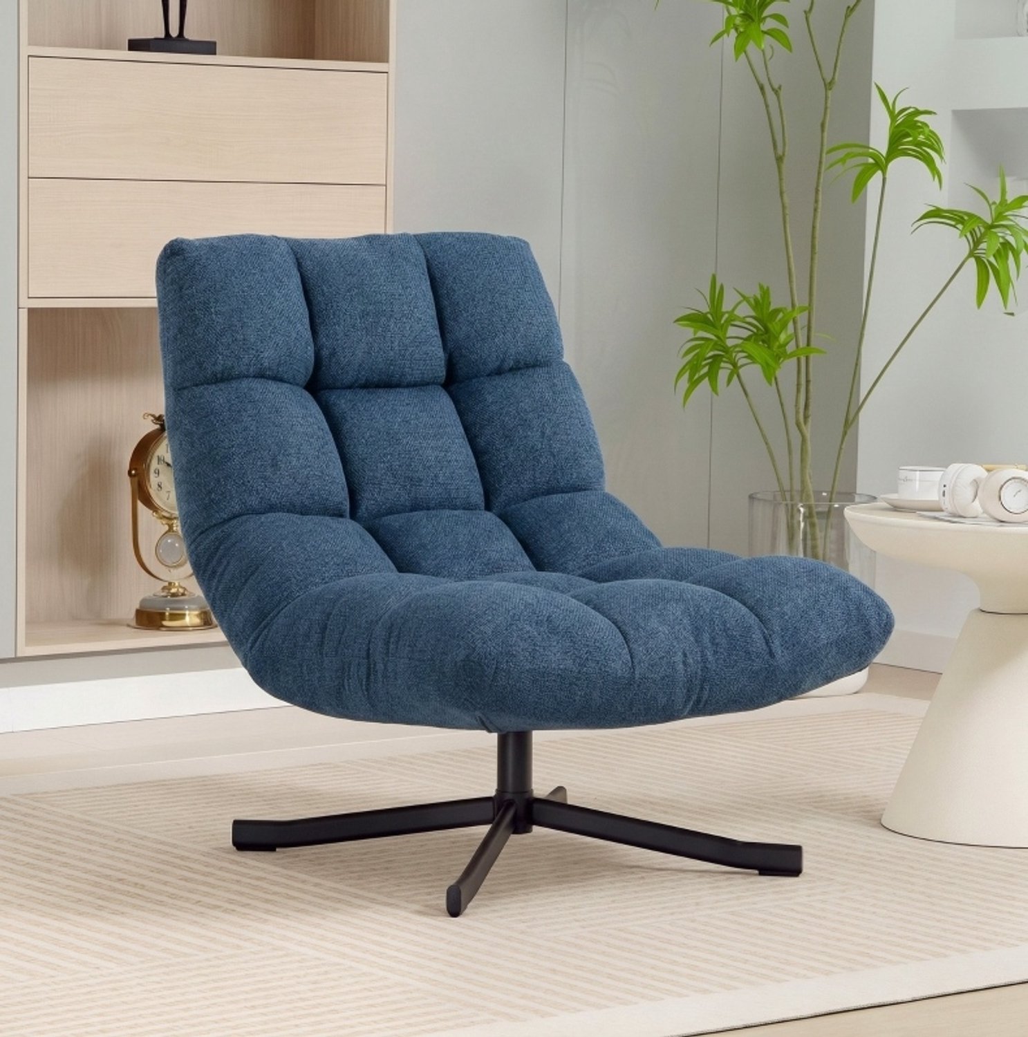 FloraGrace Fauteuil 75 Cm - 360 Graden Draaibaar Zonder Armleuningen - Voor Woonkamer Of Bureau - Chenille - Donkerblauw