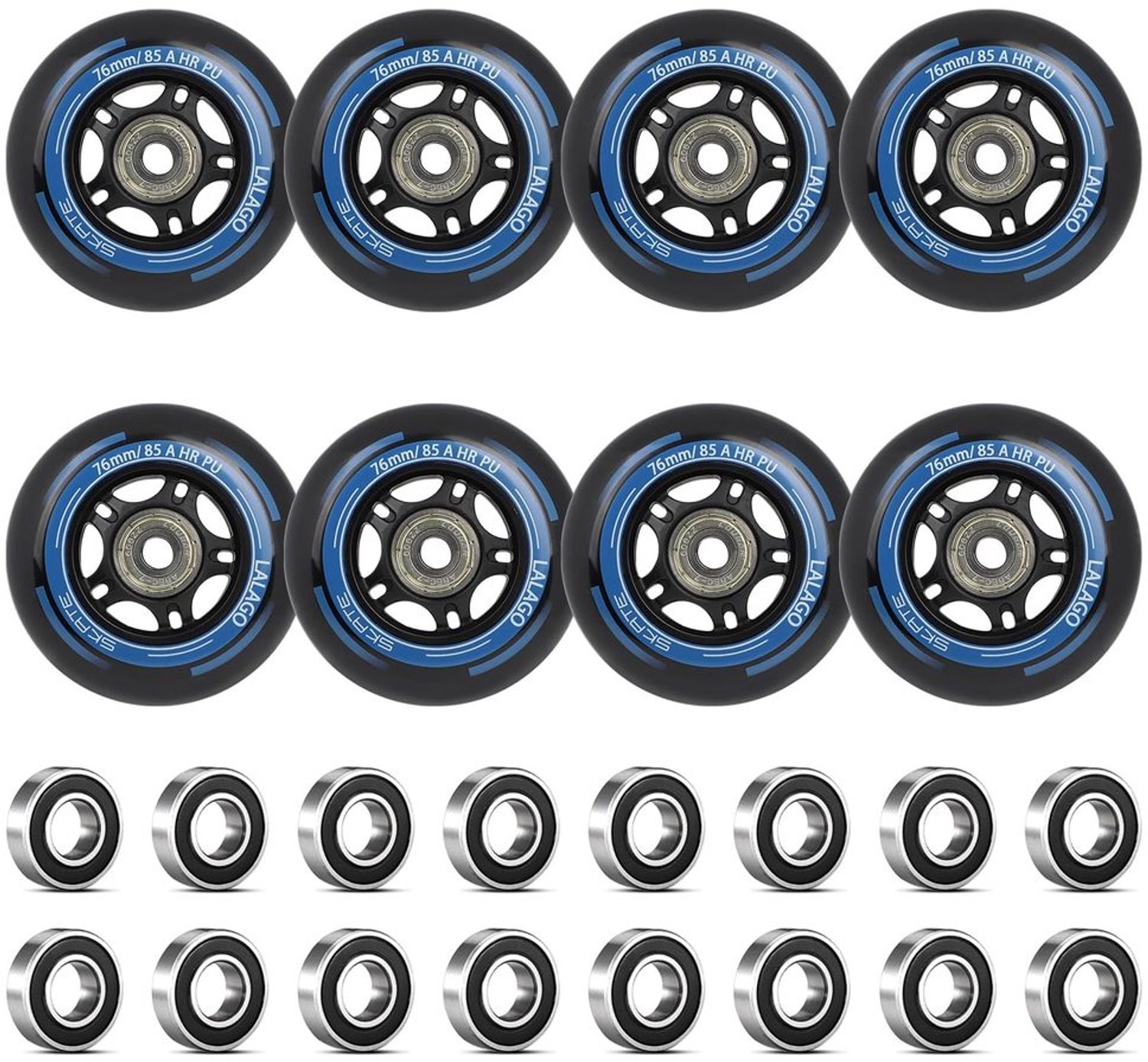 Set van 8 Inline Skate Wielen met ABEC 9 Lagers 76 Mm.
