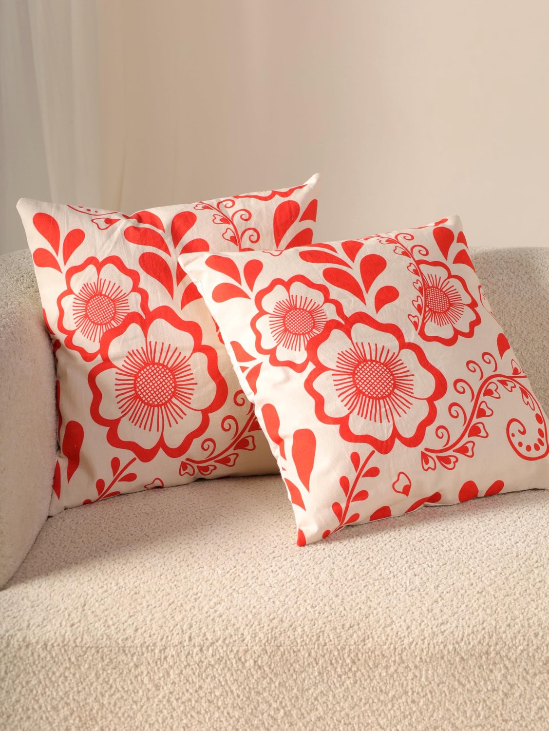 Decoratieve Kussens - Set van 2 met Bloemenpatroon - Rood en Wit