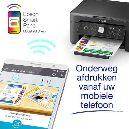 Epson Smart Panel-app toont mobiel printen vanaf een smartphone naar een zwarte Epson-printer.