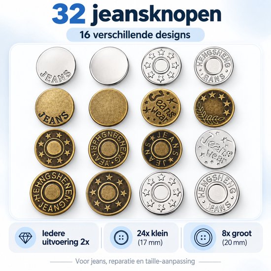 Jeansknopen 32 Stuks - 17 & 20 mm - Knopen voor Kleding - Broekknopen - Inslagknopen - Brons en Zilver — cadeau in Cadeau-ideeën - foto 5