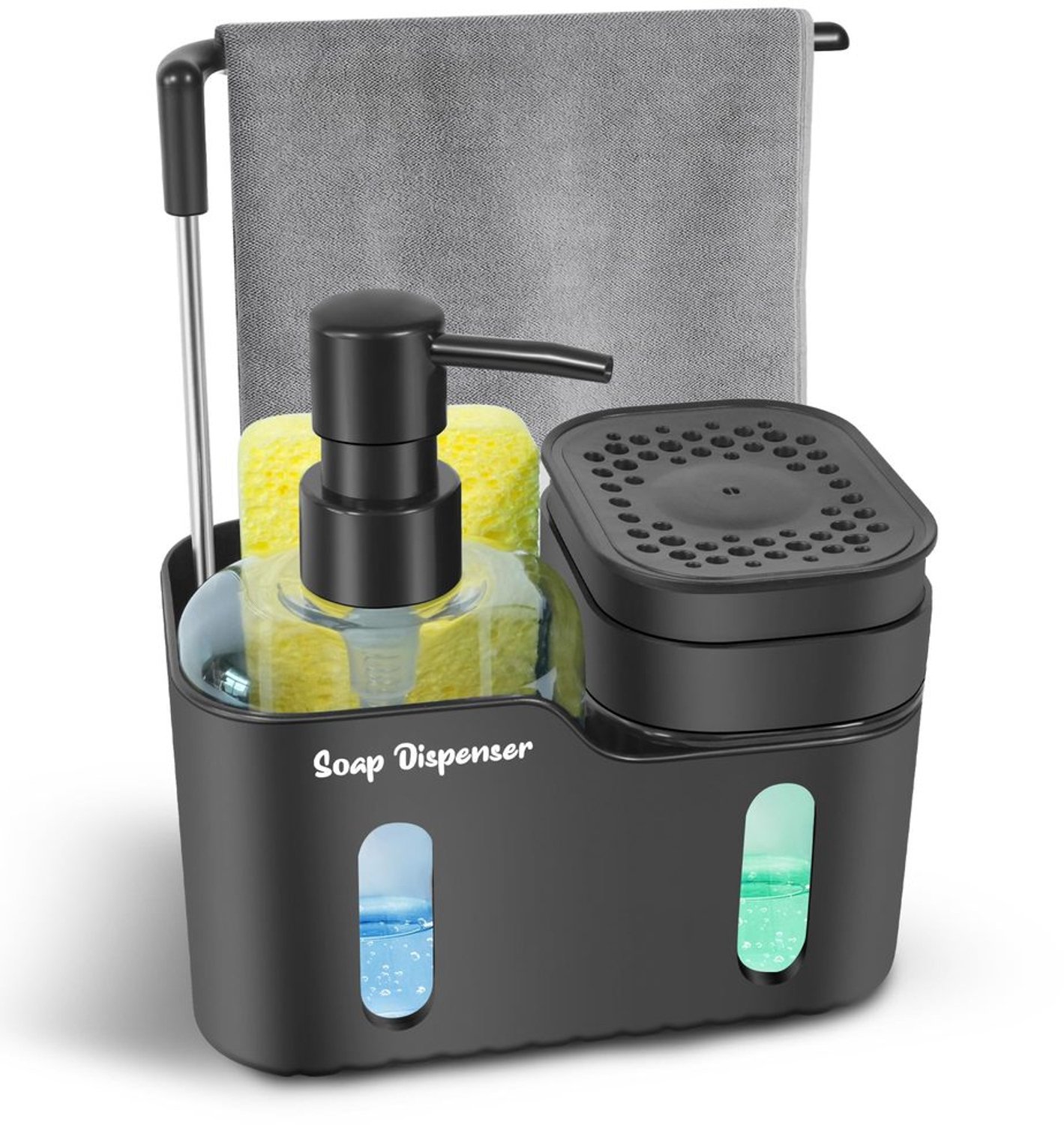 Zeepdispenser Dubbel 4-in-1 - Handzeep/afwasmiddel - Sponshouder - Vaatdoekhanger - Antislip - Afneembaar ontwerp - Keukenorganizer