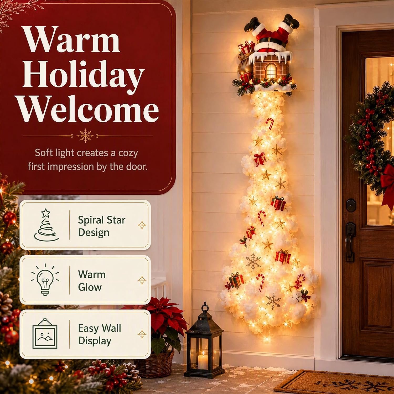 Kerstwandlamp met magisch pad, kerstman in schoorsteen ornament, warm wit LED-licht, sterren- en sneeuwvlokkenpatroon, kerstdecoratie voor binnen, woonkamerdecoratie, kerstcadeau – foto 2