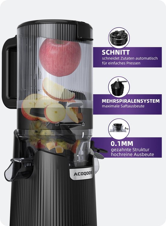Sapcentrifuge, sapcentrifuge voor hele groenten en fruit, 135 mm breedte en grotere voederbuis, 1,8 l vulvolume, gemakkelijk te reinigen, Slow Juicer met 2 glazen, elektrische sappers, zwart — afbeelding 5