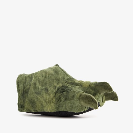 Groene drakenpoot pantoffel met schubbenpatroon en klauwen.