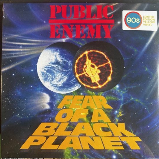 Vinylhoes van Public Enemy, Fear of a Black Planet, met een planeet en een cirkelvormig doelwit in de ruimte.