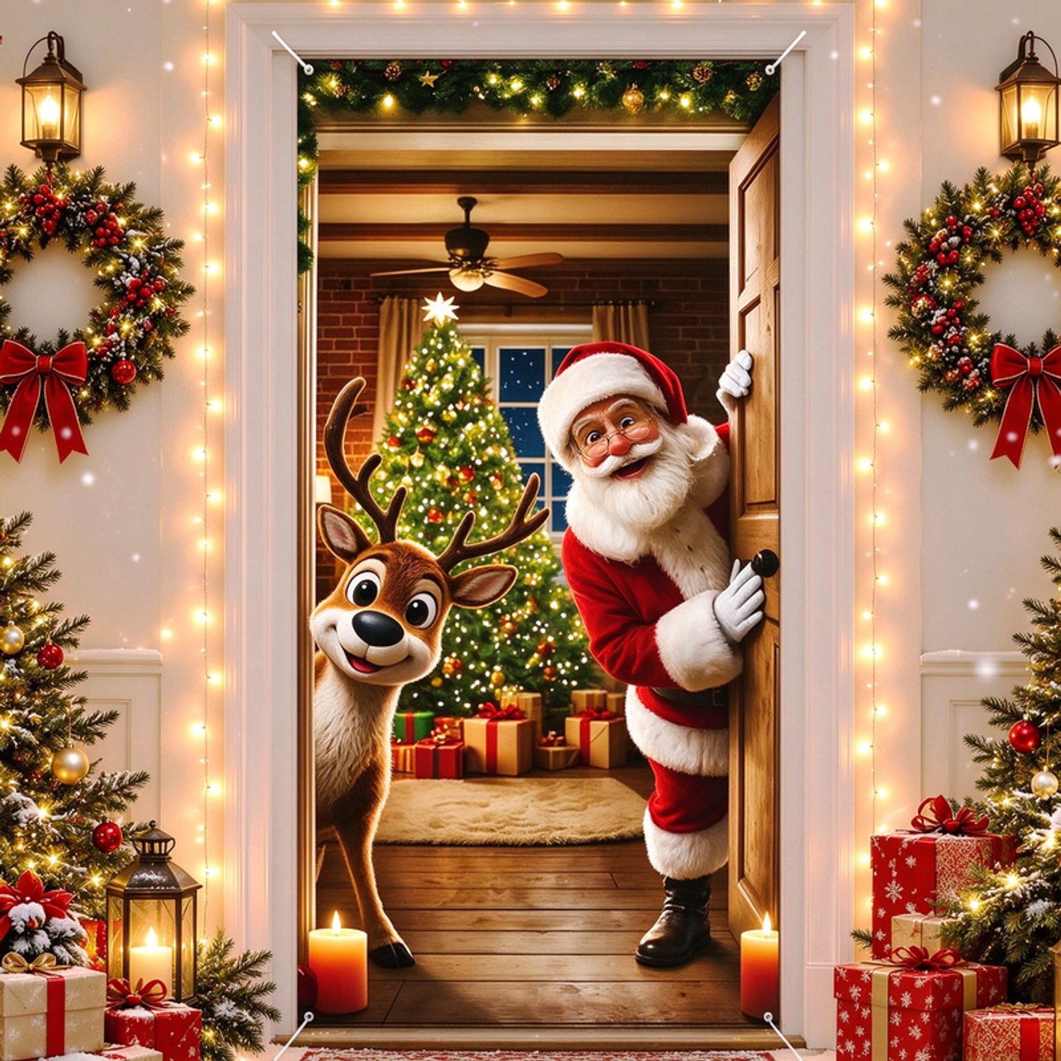 Deurgordijn – Kerstdeurgordijn met patronen van de Kerstman en rendieren – inclusief ophanggaten op de vier hoeken en een ophangtouw van 10 meter; geschikt voor deuren, ramen, huisdecoratie en kerstversiering – Afmetingen: 200 x 90 cm.