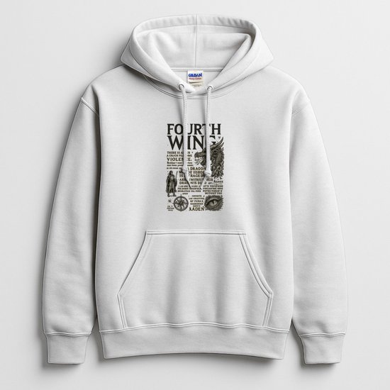 Witte unisex hoodie met Fourth Wing-graphic, drakenillustratie en tekst op de borst.